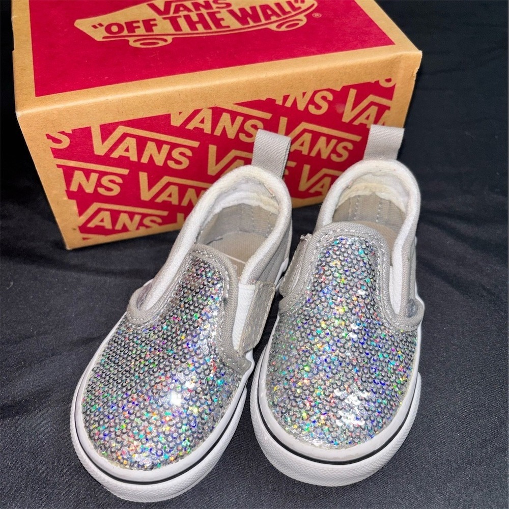 Vans Slip-On V Toddler Girls Sneakers Silver Sequin Glitter Size 4 micro sequins